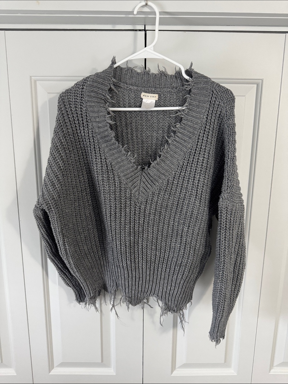 Main Strip Distressed Gray V-Neck Chunky Knit Sweater
